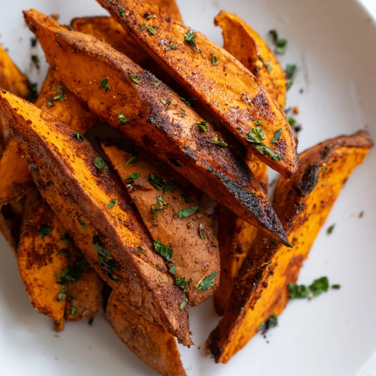 Golden brown Roasted Sweet Potato Wedges with Smoked Paprika on a platter, garnished with fresh parsley and ready to serve.