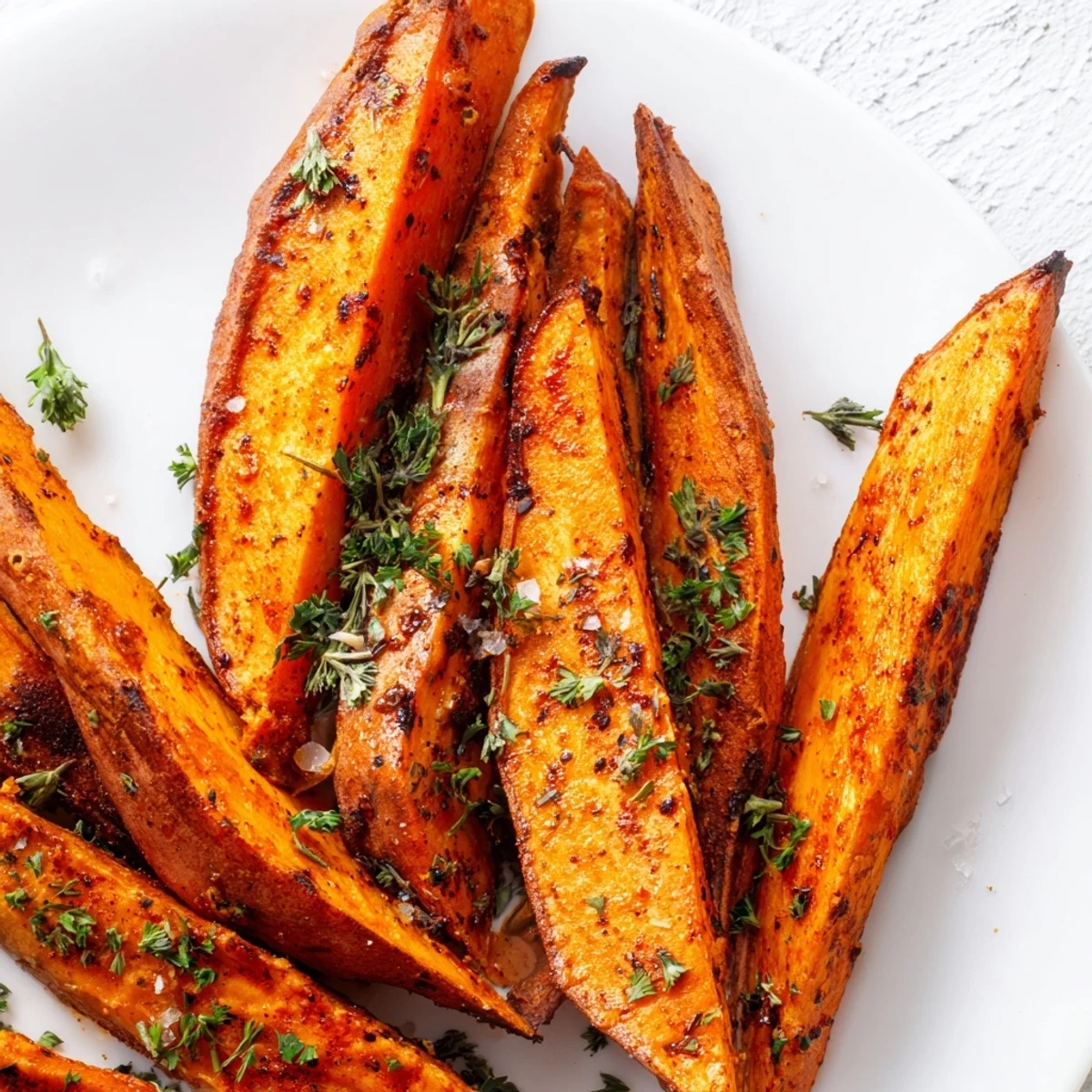 A close-up of crispy Roasted Sweet Potato Wedges with Smoked Paprika, showing tender orange flesh inside and seasoning flecks.