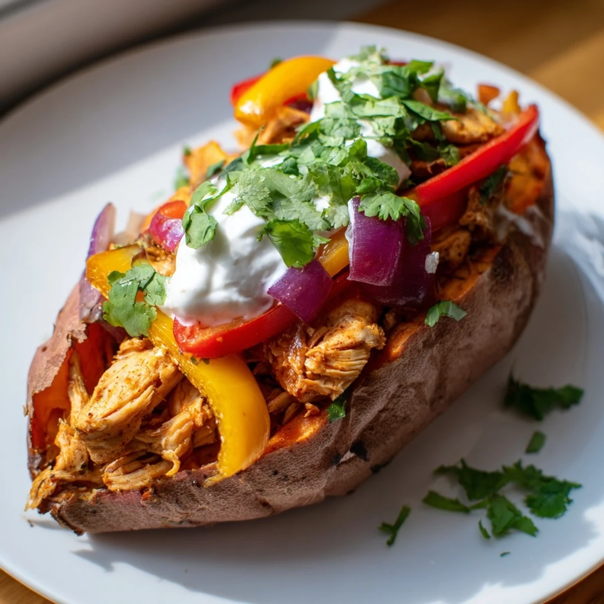 Golden-brown roasted sweet potatoes split open and stuffed with sizzling chicken, vibrant peppers, and onions, finished with creamy Greek yogurt and cilantro.