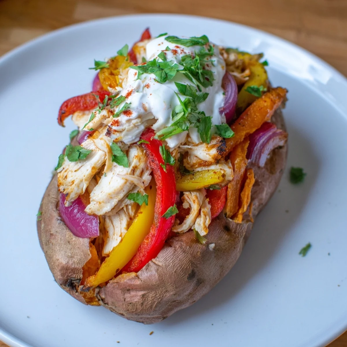 Juicy fajita-spiced chicken, red and yellow peppers, and onions piled high inside tender sweet potatoes, topped with fresh cilantro and lime.