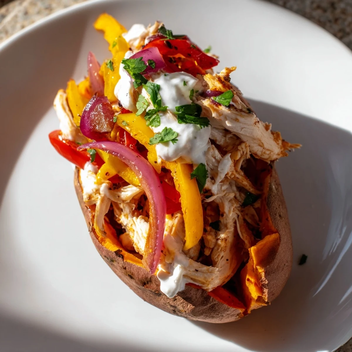 Colorful Chicken Fajita Stuffed Sweet Potatoes served with a dollop of Greek yogurt and fresh cilantro on a rustic wooden board.