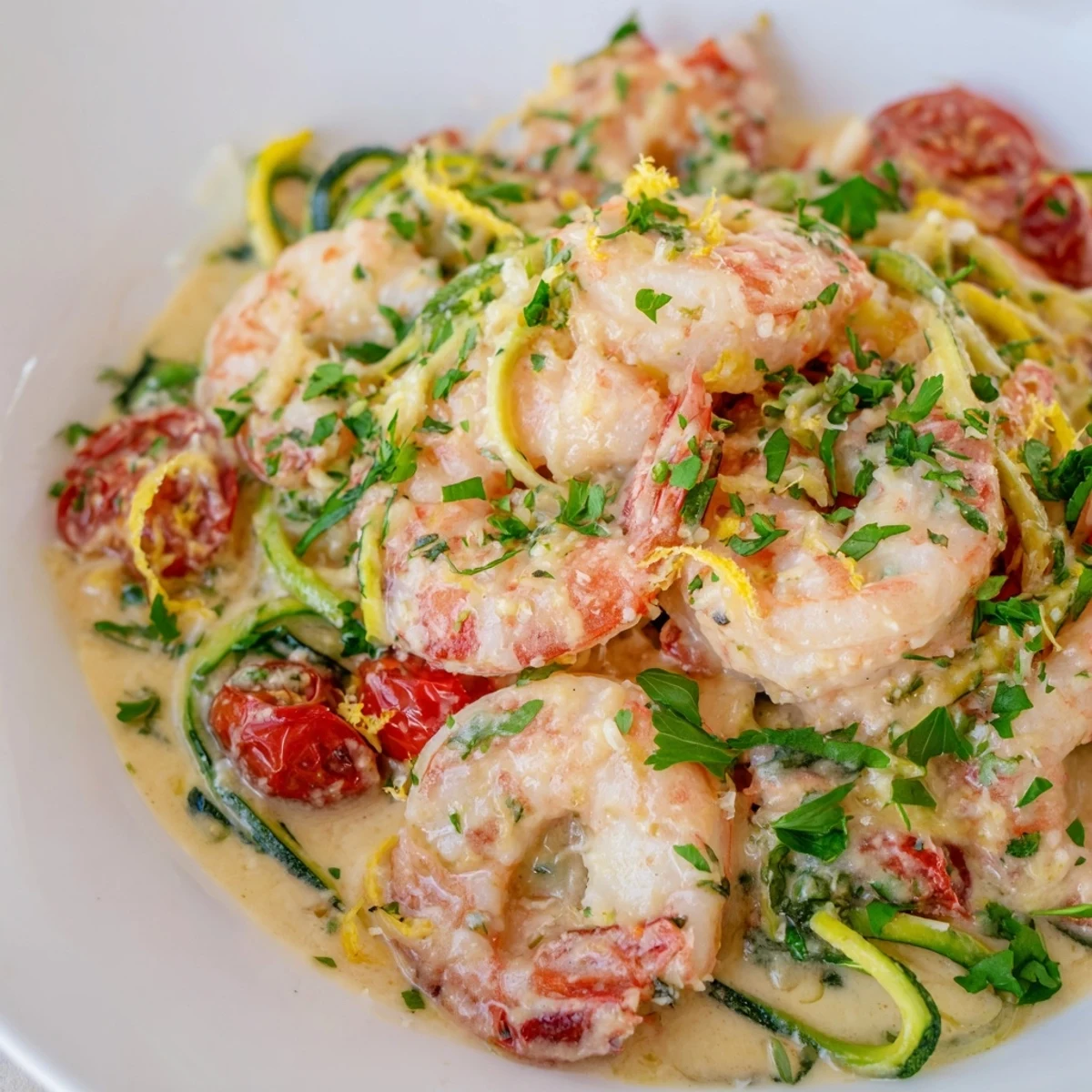 Creamy Garlic Shrimp with Zucchini Noodles served in a white bowl, garnished with fresh parsley and Parmesan cheese for a low-carb dinner.