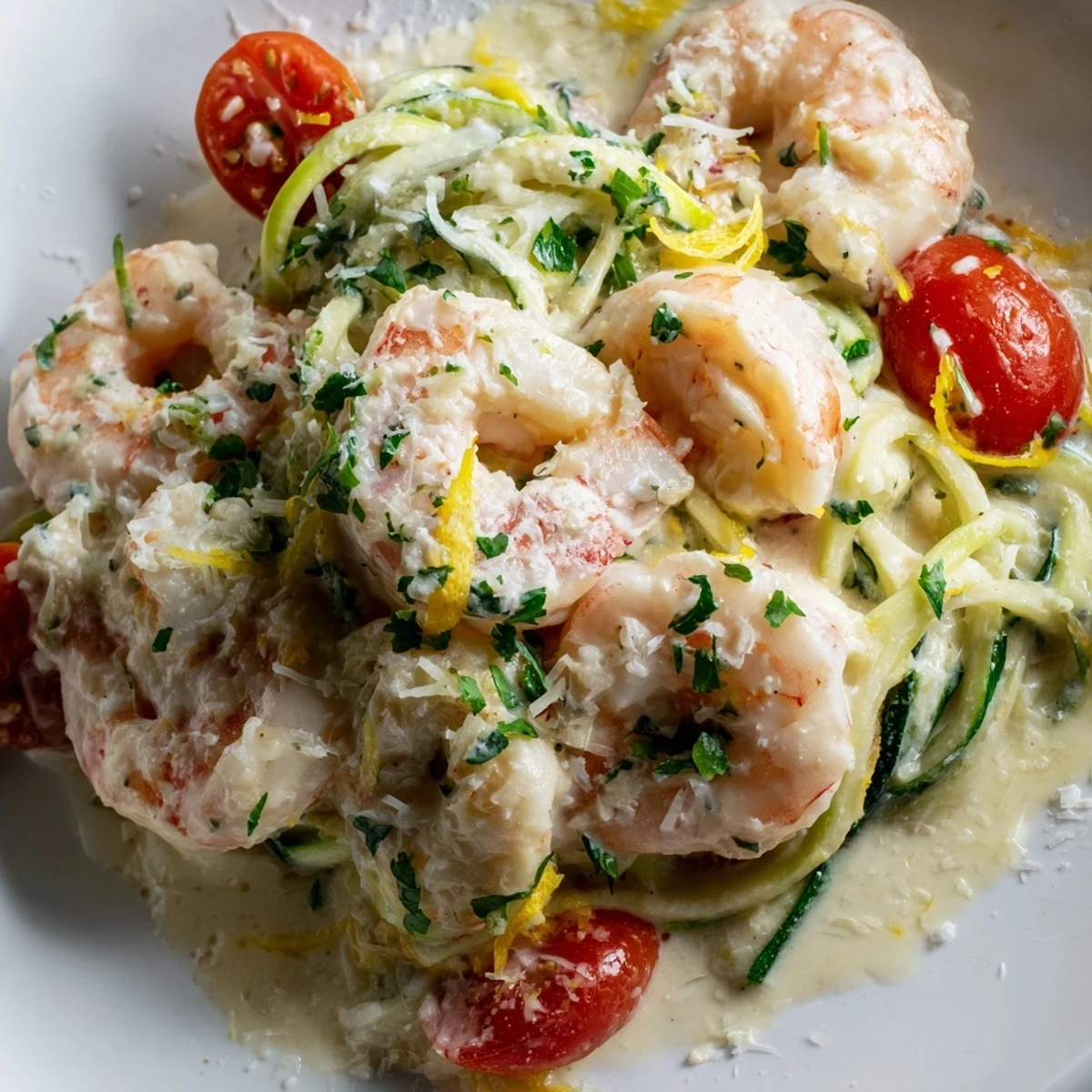 A skillet of Creamy Garlic Shrimp with Zucchini Noodles featuring tender shrimp and cherry tomatoes in a rich, glossy garlic cream sauce.