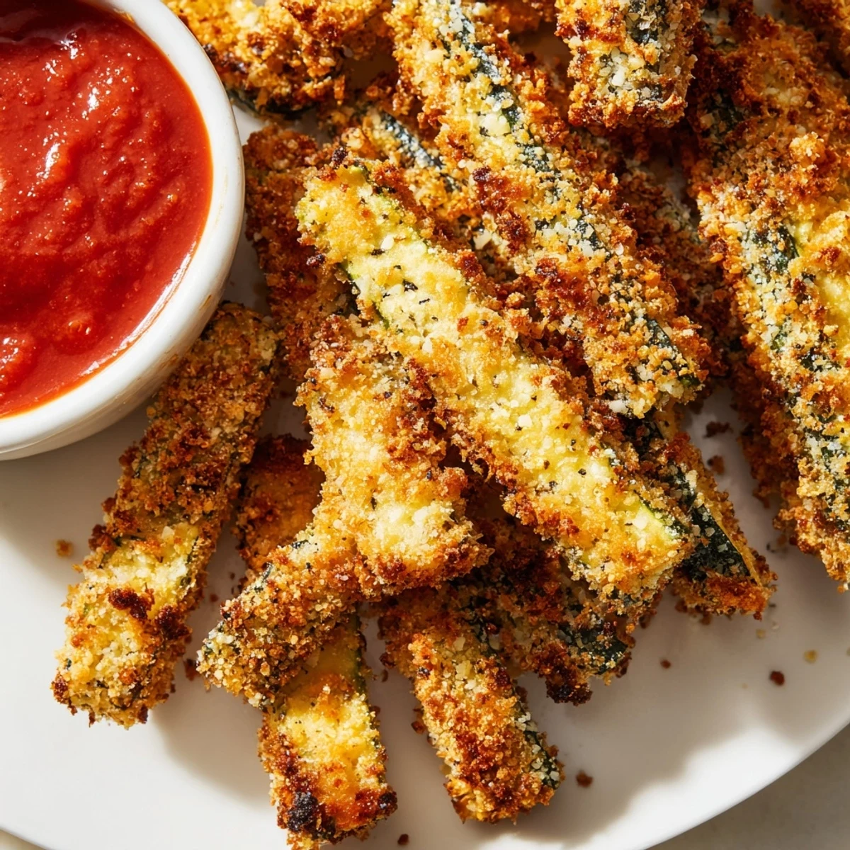 Golden Baked Zucchini Fries with Marinara Dipping Sauce stacked high on a rustic plate, ready to be dipped.