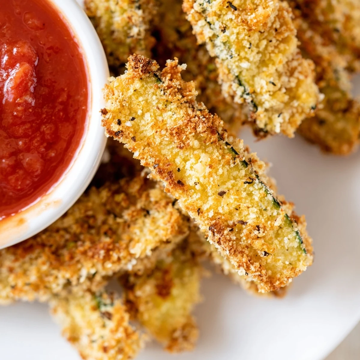 Crispy Baked Zucchini Fries with Marinara Dipping Sauce arranged on parchment paper for a healthy snack.