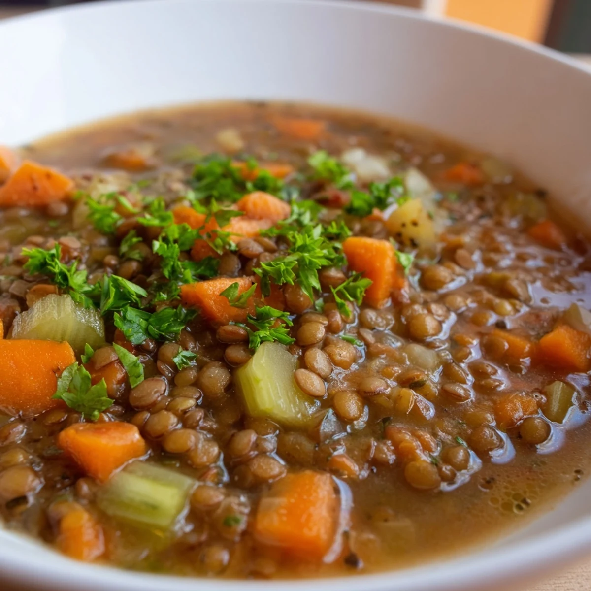 Spicy Lentil Soup with Carrots and Celery steams in a white bowl, garnished with fresh parsley and lemon wedges.