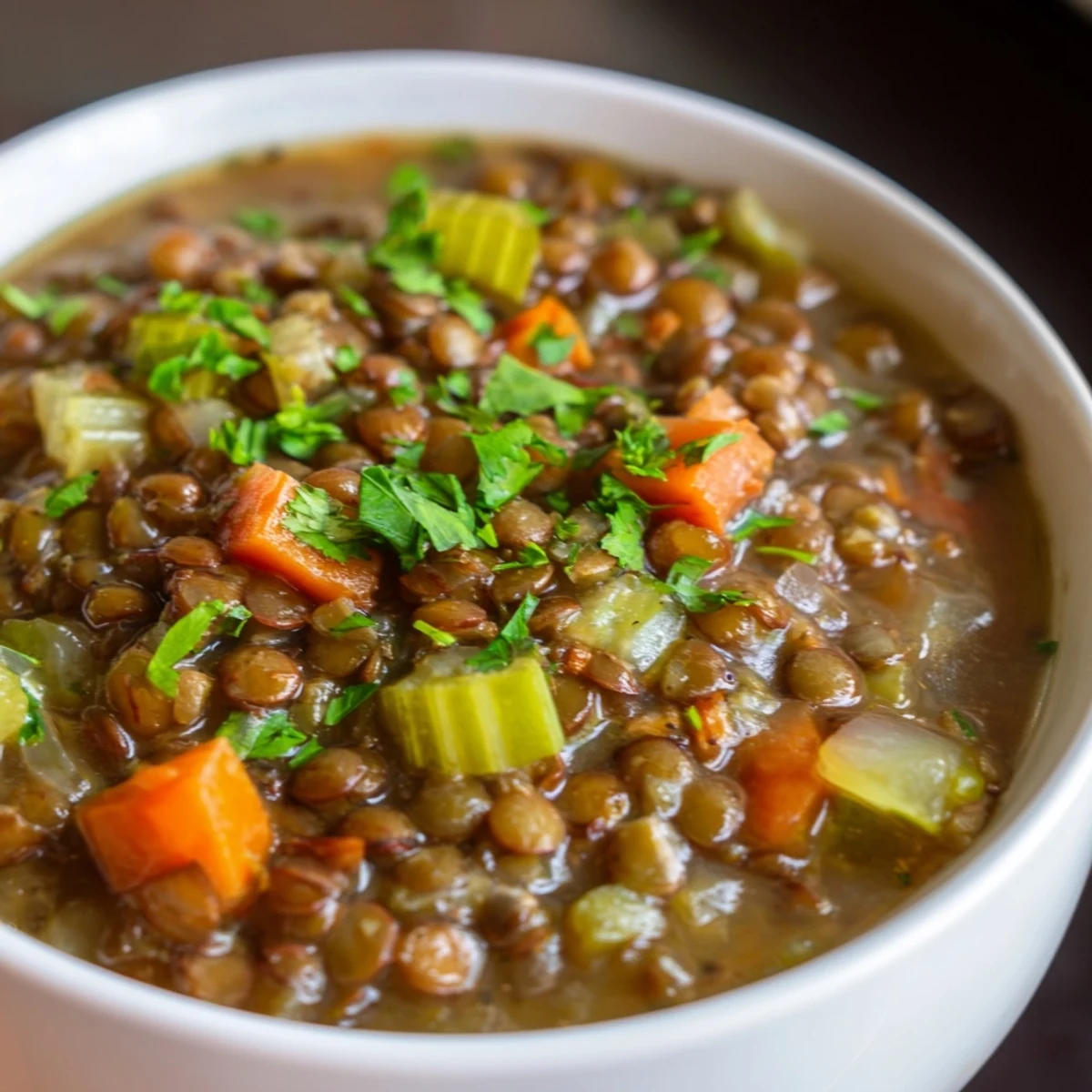 A close-up of Spicy Lentil Soup with Carrots and Celery shows tender lentils and diced vegetables in a rich broth.