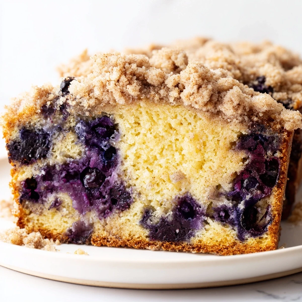 Homemade Lemon Blueberry Bread with Streusel Topping sliced to reveal a moist, tender crumb studded with fresh berries.