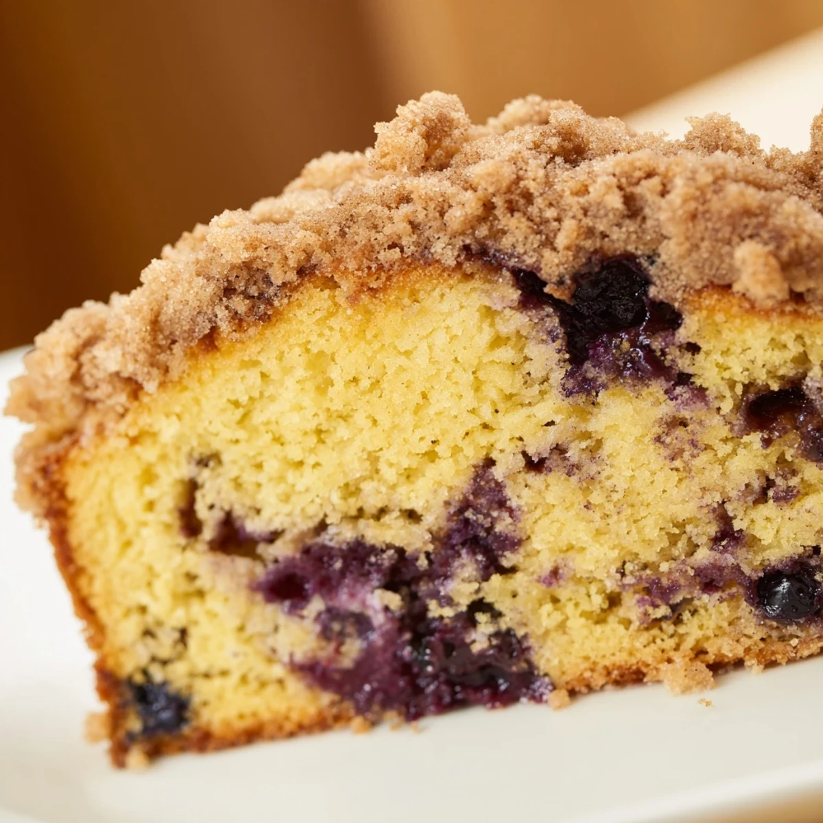 Freshly baked Lemon Blueberry Bread with Streusel Topping cooling on a wooden board, featuring golden crust and juicy blueberries.