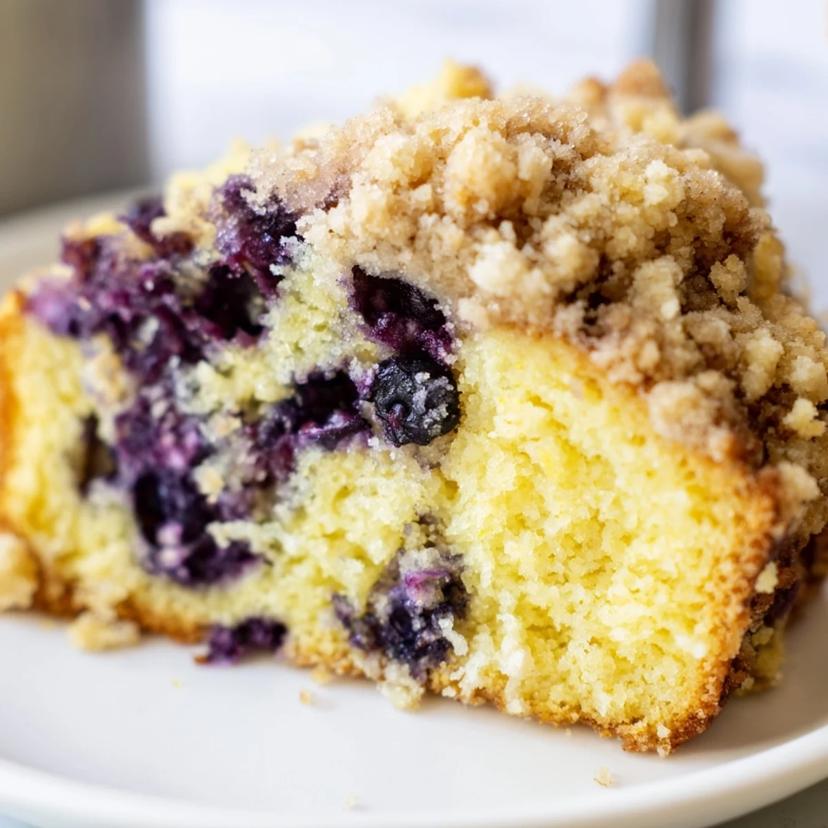 Lemon Blueberry Bread with Streusel Topping plated with a hot cup of coffee, perfect for a sweet breakfast treat.