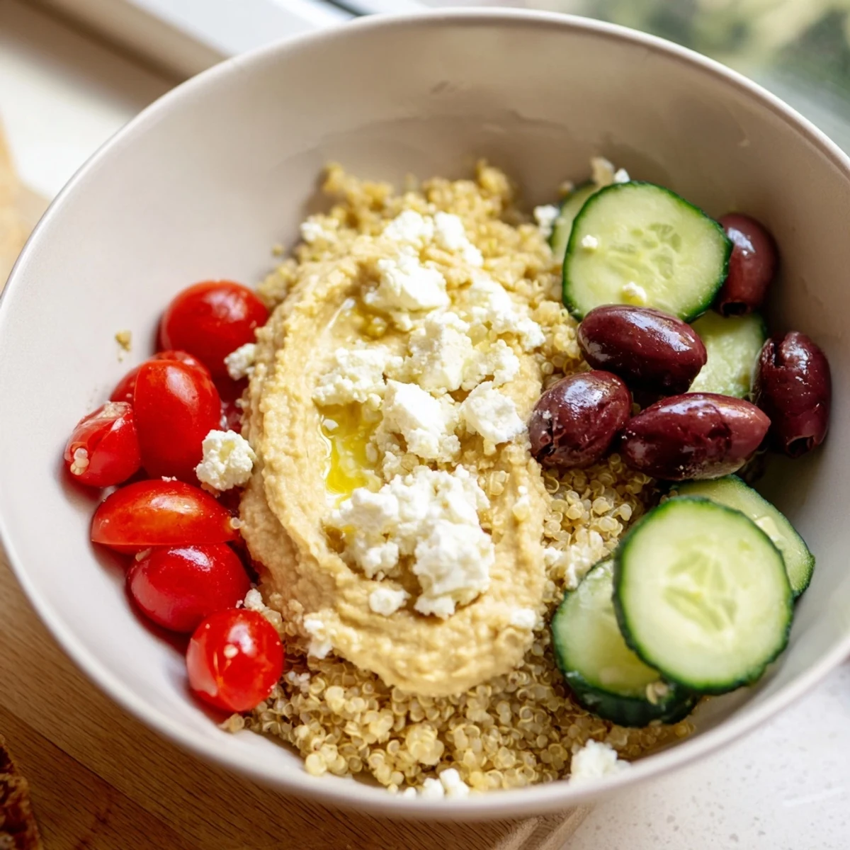 A close-up of a fresh Mediterranean quinoa bowl with hummus, olives, feta, and colorful veggies.