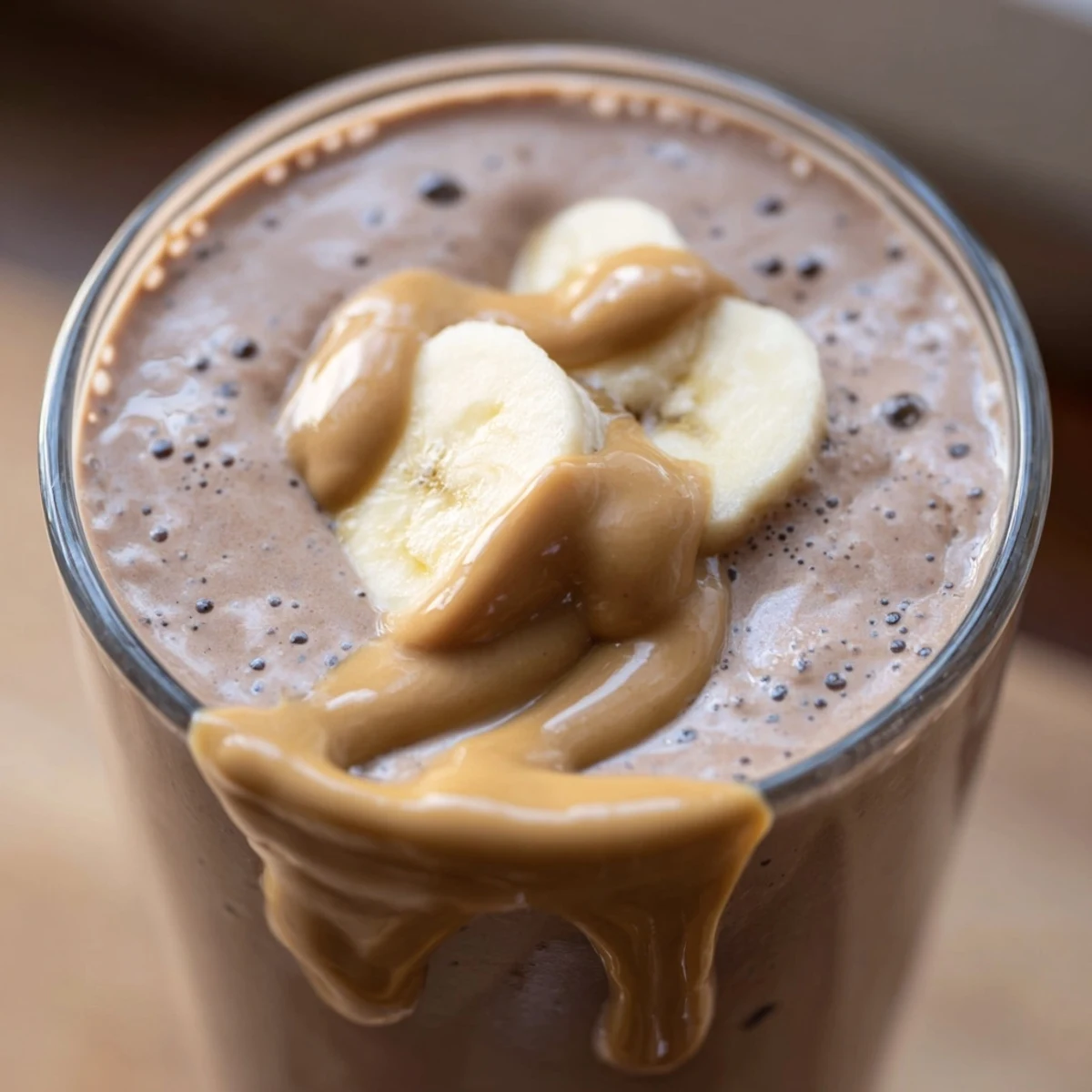Two glasses of Chocolate Peanut Butter Smoothie with Banana garnished with chocolate shavings, ready to serve for breakfast.