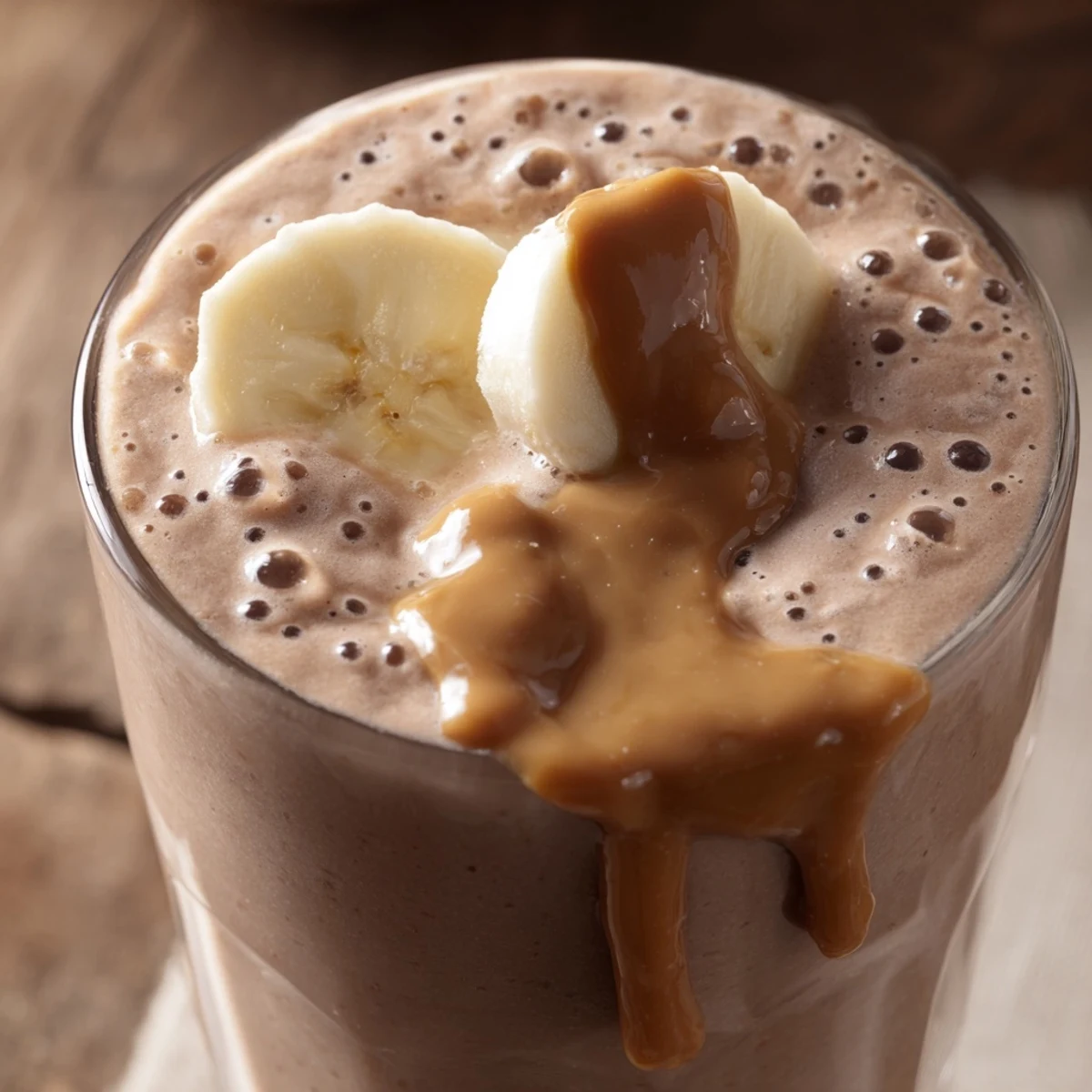 Frosted Chocolate Peanut Butter Smoothie with Banana beside fresh banana slices and cocoa powder on a rustic countertop.