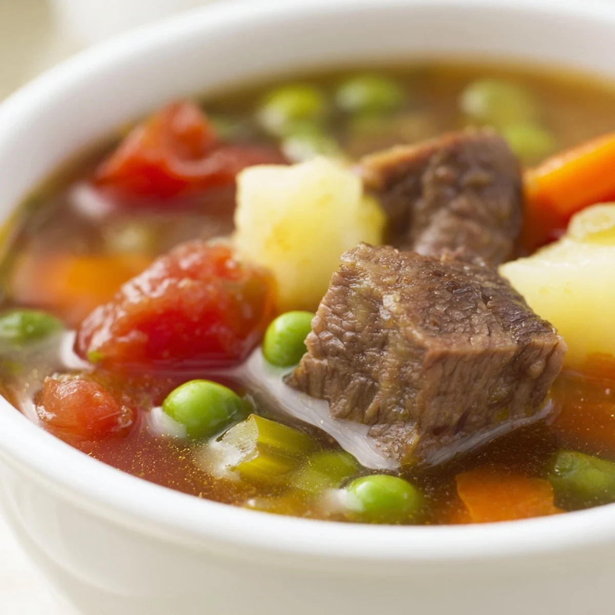 Hearty Beef Vegetable Soup with Potatoes and Peas, served steaming in a rustic bowl alongside crusty bread for dipping.