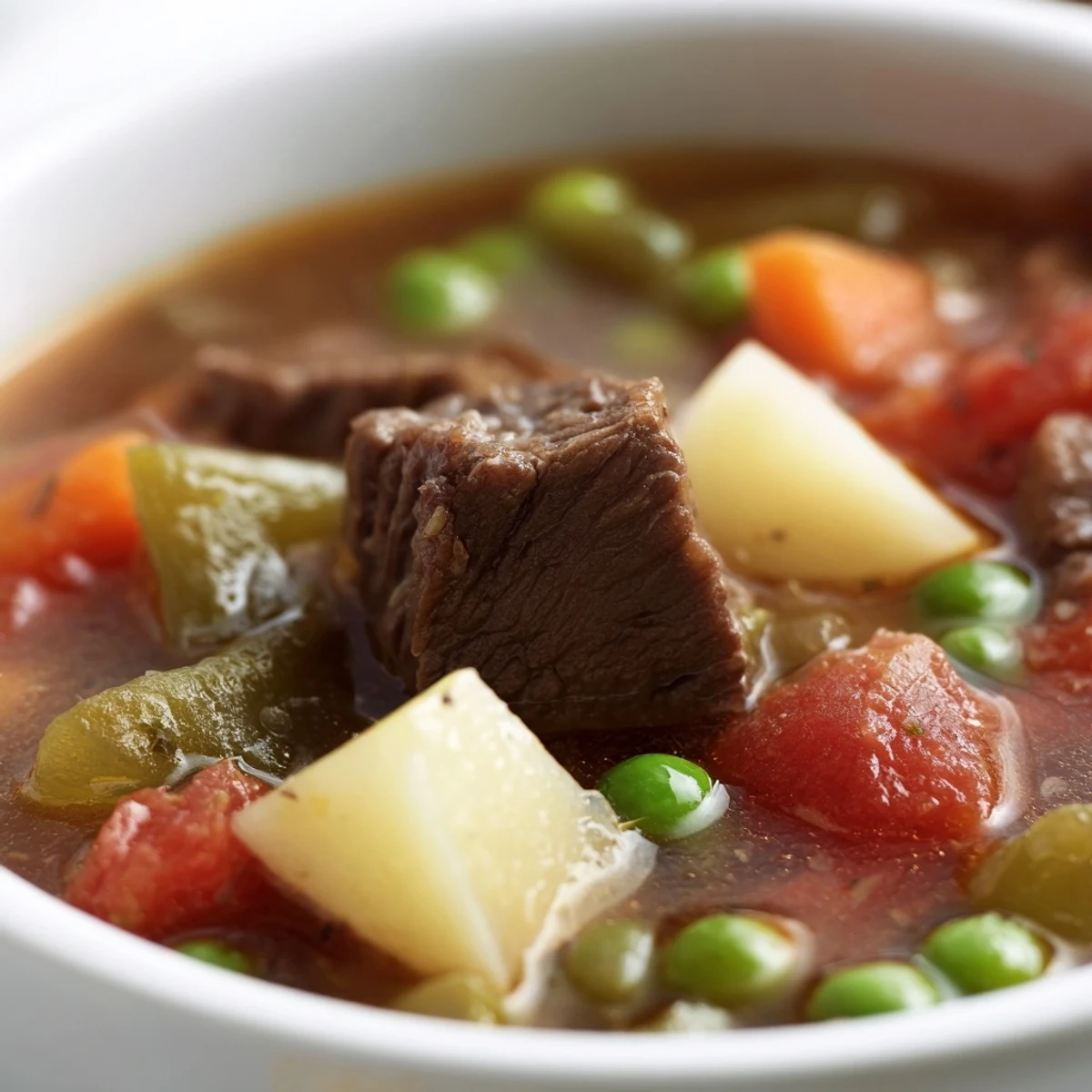 Freshly simmered Beef Vegetable Soup with Potatoes and Peas, brimming with tender beef chunks and colorful garden vegetables.