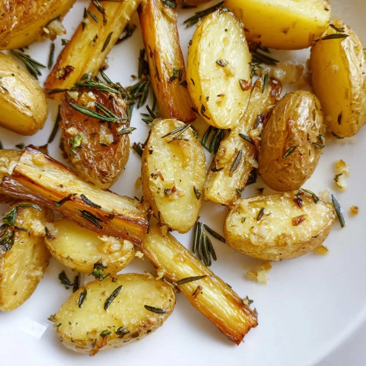 A rustic platter of Herb Roasted Potatoes and Parsnips offers caramelized edges and fluffy centers. 