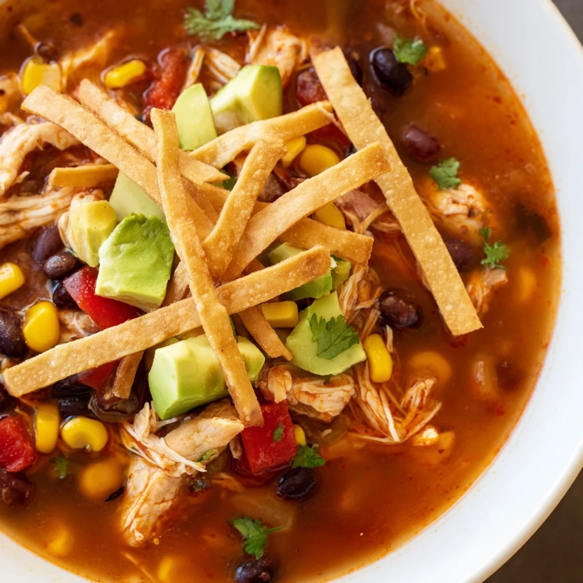 Hearty Spicy Chicken Tortilla Soup with Lime, loaded with corn, black beans, and shredded chicken, steaming in a pot.