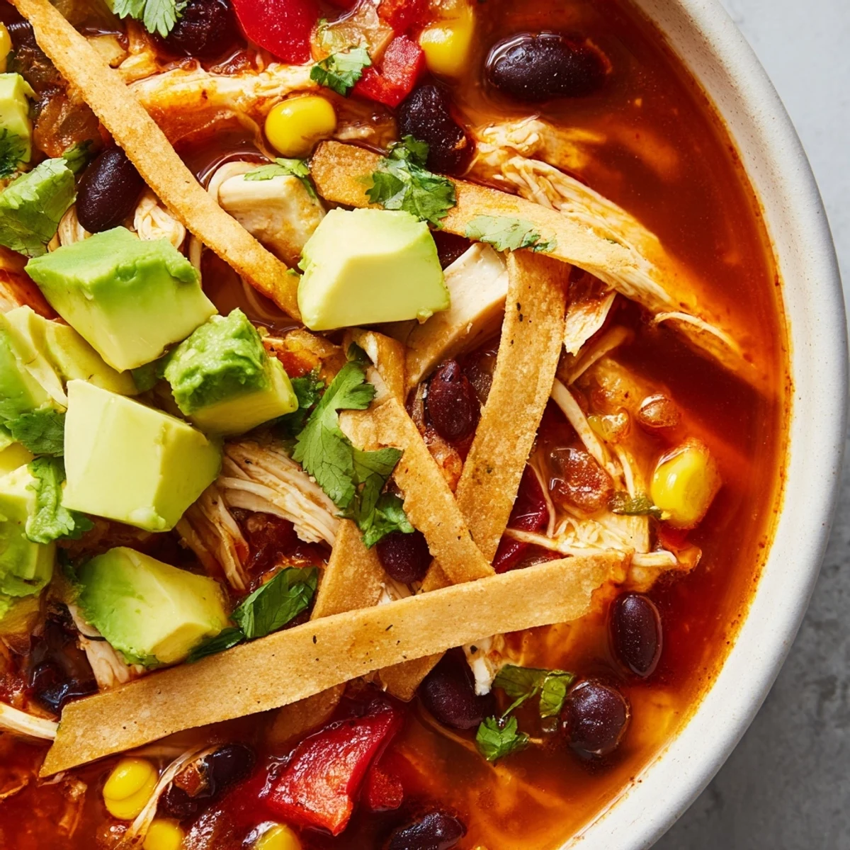 Spicy Chicken Tortilla Soup with Lime in a rustic bowl, topped with crispy tortilla strips, diced avocado, and fresh cilantro.