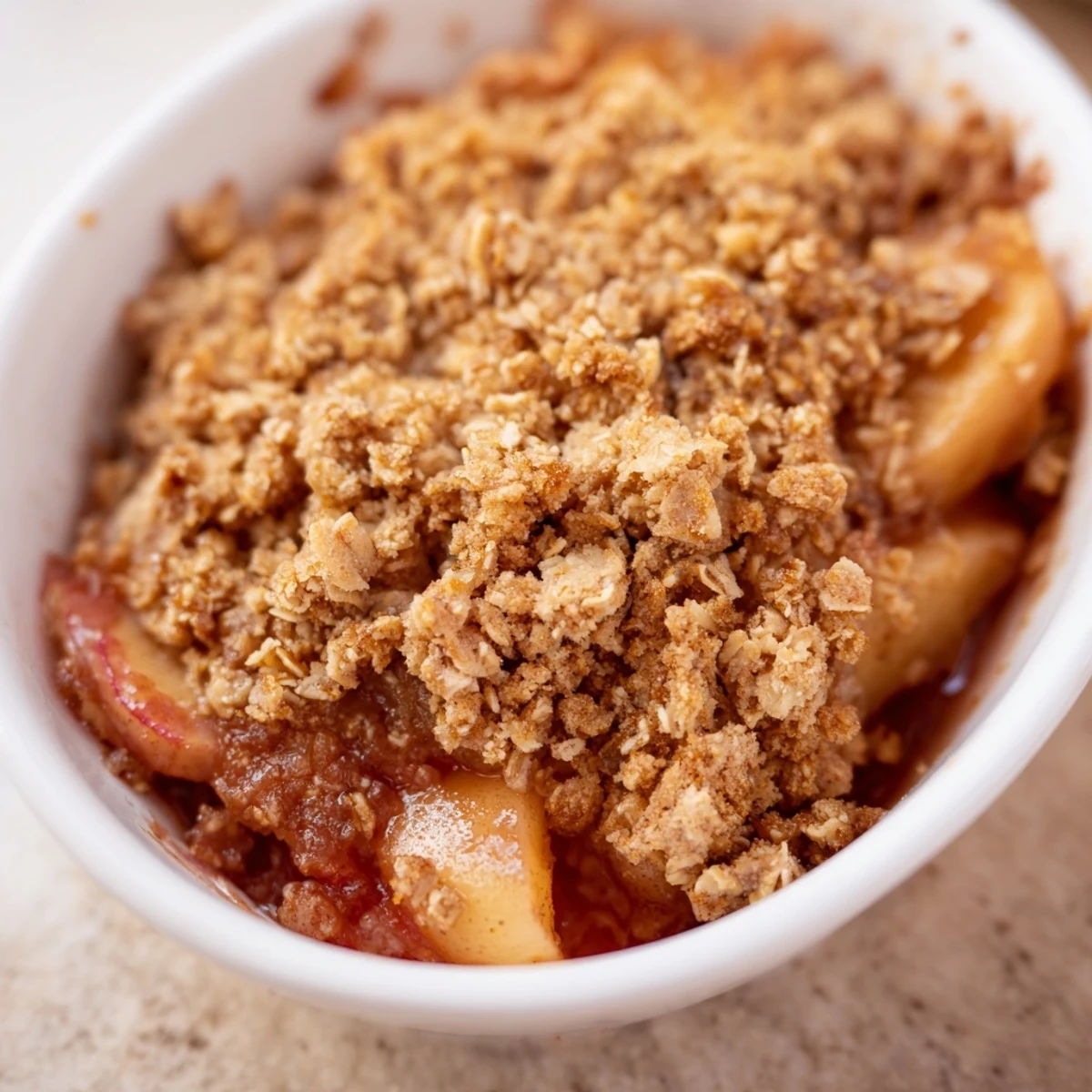 Rustic baked apple crisp with granola topping in a baking dish, showcasing tender apples and crunchy oats.