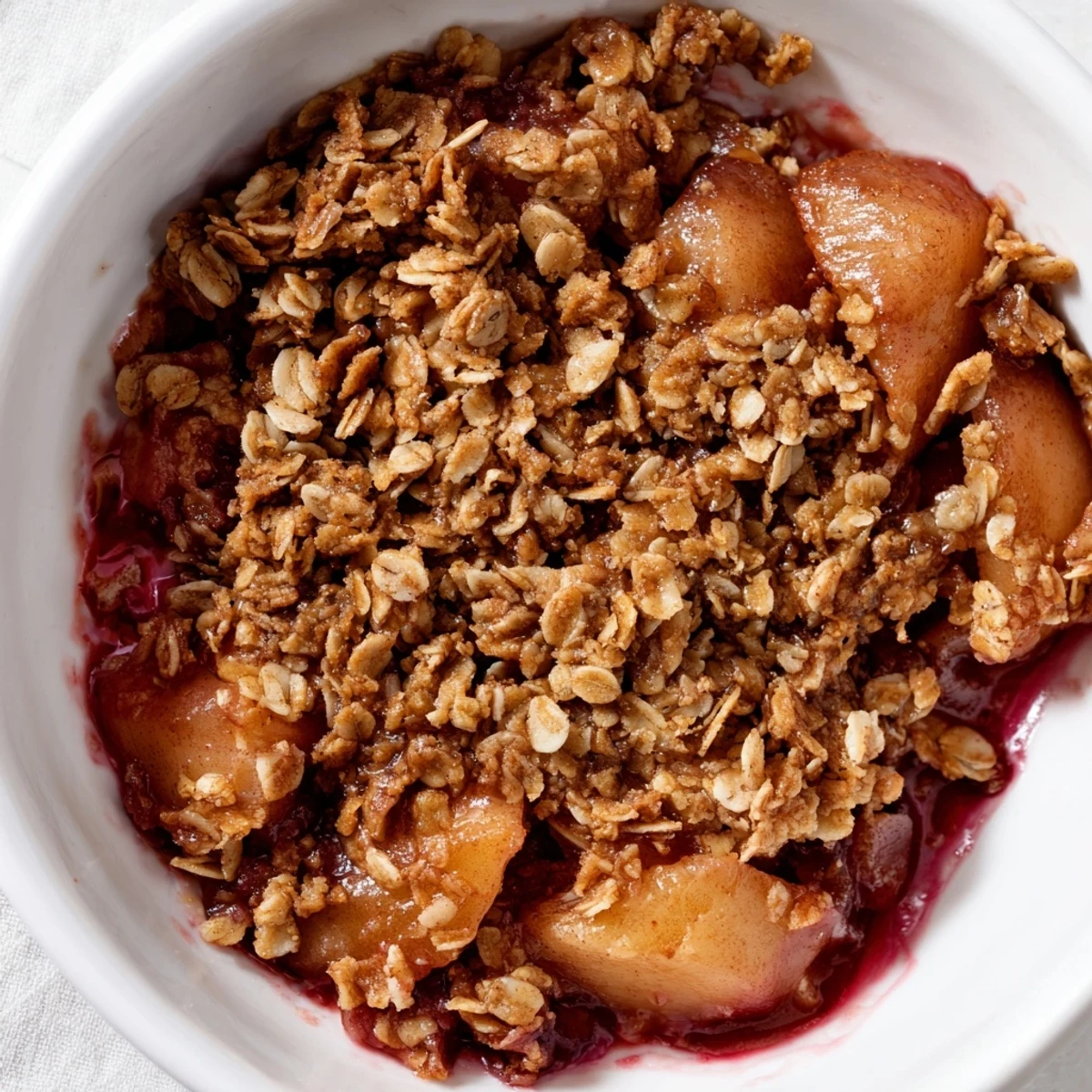 Golden baked apple crisp with granola topping bubbling in a ceramic dish, cinnamon-scented and served warm.