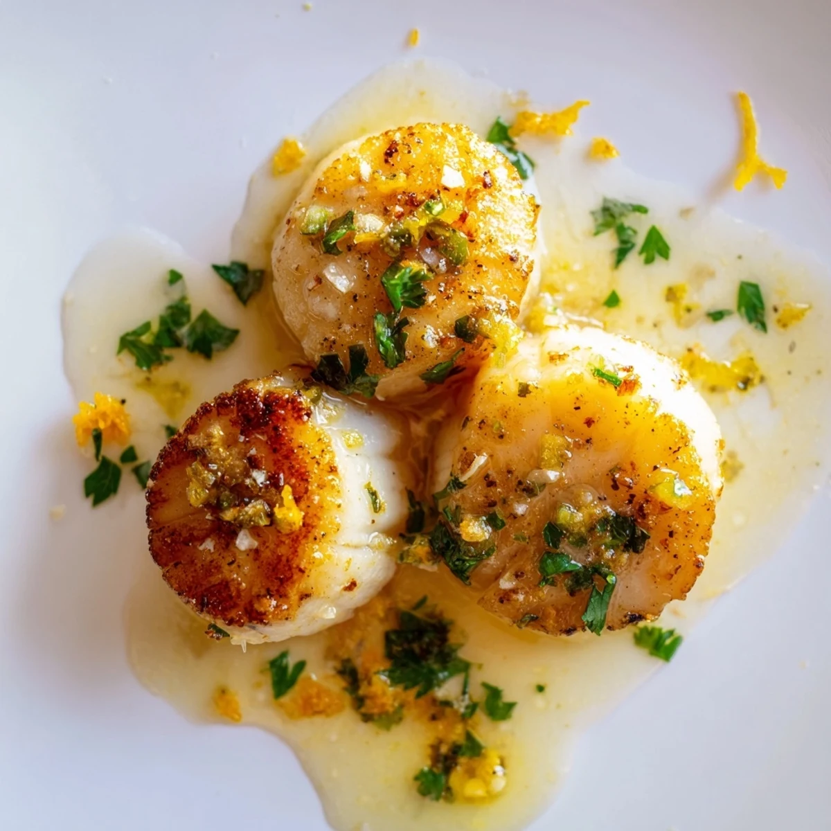Golden-brown seared scallops with a vibrant lemon-garlic butter sauce, garnished with fresh parsley.