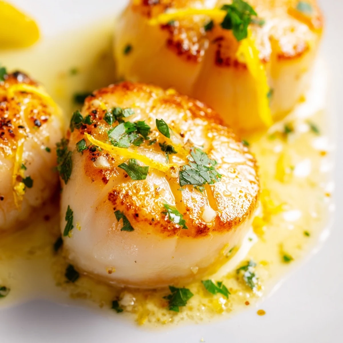 Freshly seared scallops topped with zesty lemon-garlic butter, served with lemon wedges on the side.