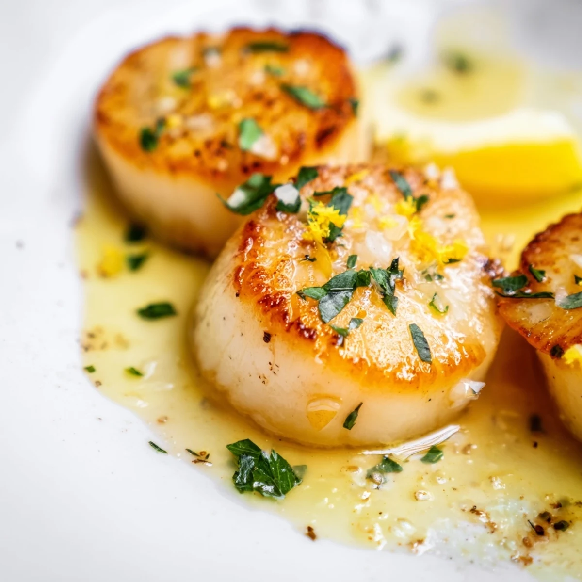 Pan-seared scallops with a golden crust, drizzled with lemon-garlic butter and sprinkled with parsley.