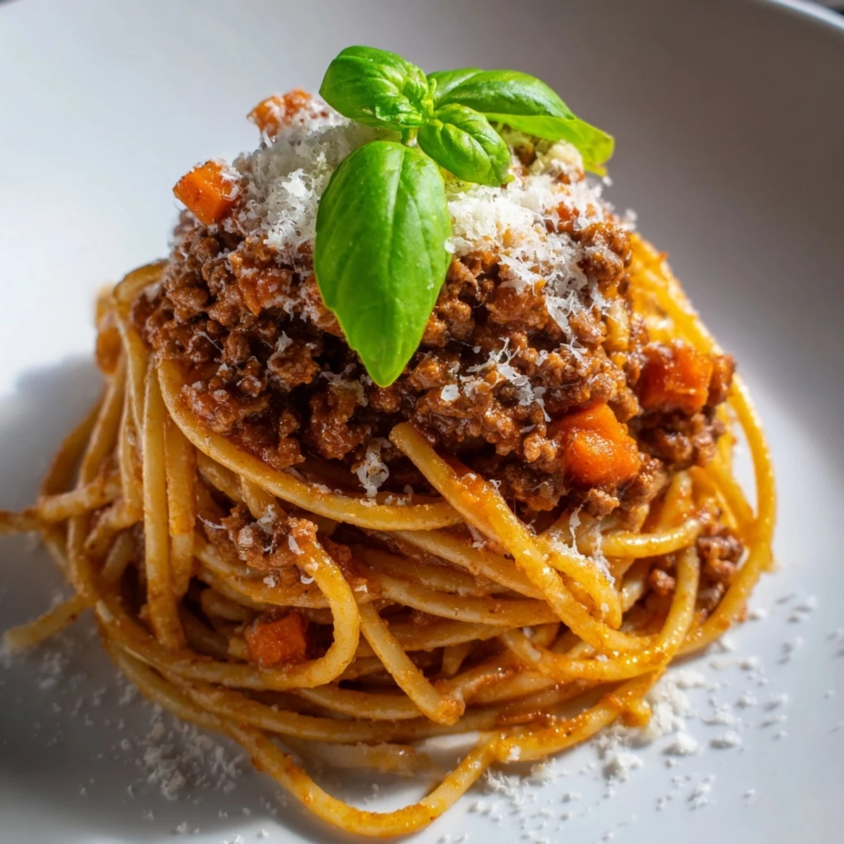 A warm plate of Beef Bolognese with Spaghetti, featuring a rich meat sauce ladled over perfectly cooked pasta and topped with fresh basil.