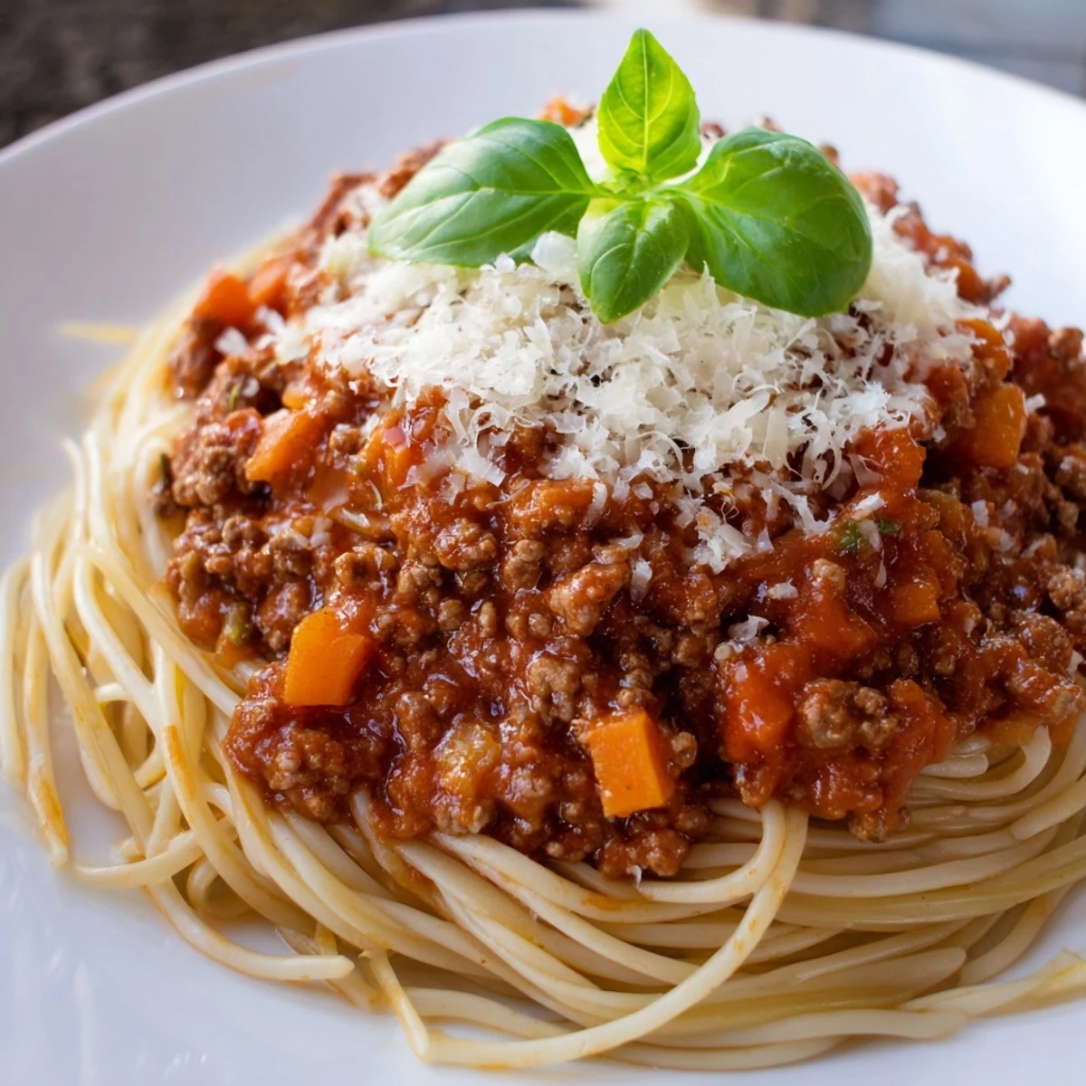 Close-up view of Beef Bolognese with Spaghetti, highlighting the tender beef, savory tomato sauce, and a generous sprinkle of Parmesan cheese.