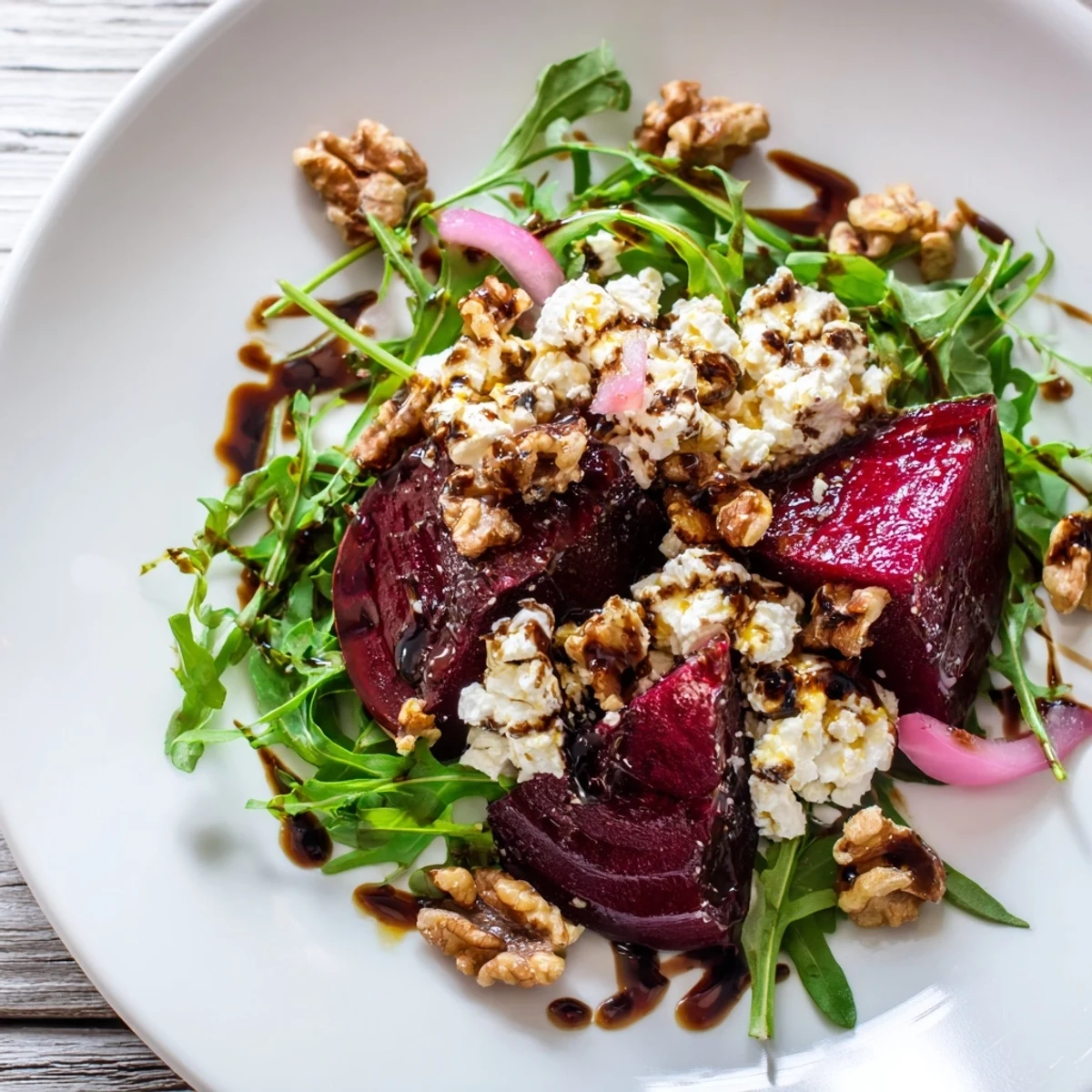 Sliced roasted beets and toasted walnuts top a bed of fresh arugula in this hearty roasted beet and walnut salad.