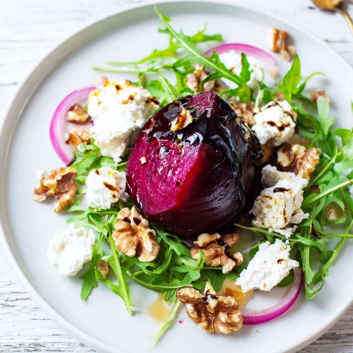 Vibrant roasted beet and walnut salad with peppery arugula and crumbled goat cheese, drizzled with tangy balsamic vinaigrette.