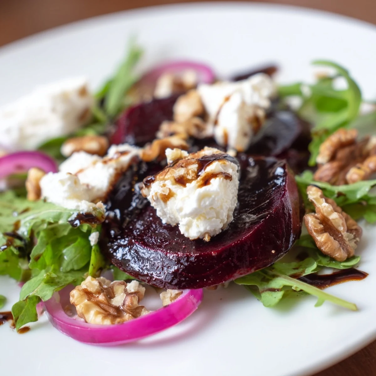 Colorful roasted beet and walnut salad on a white plate with red onion slices, ready for a light vegetarian lunch.