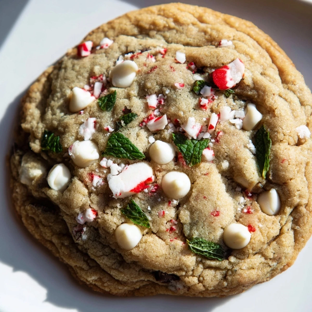 Freshly baked Peppermint Chocolate Chip Cookies on a parchment-lined tray, edges lightly golden and centers soft. Crushed peppermint candies sparkle over chewy cookies dotted with dark and white chocolate chips. A festive holiday dessert for milk-dipping, with a cool mint aroma and buttery texture.