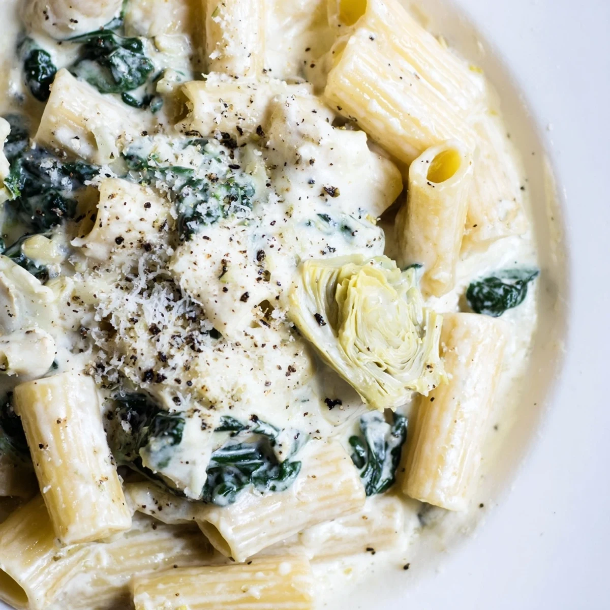 Creamy Spinach and Artichoke Penne tossed in a luscious Parmesan cream sauce, served steaming hot in a rustic bowl.