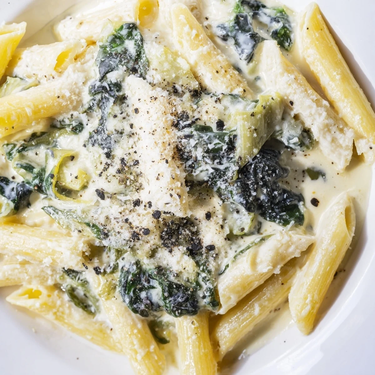 Easy Creamy Spinach and Artichoke Penne with wilted spinach and artichoke hearts, garnished with fresh black pepper.