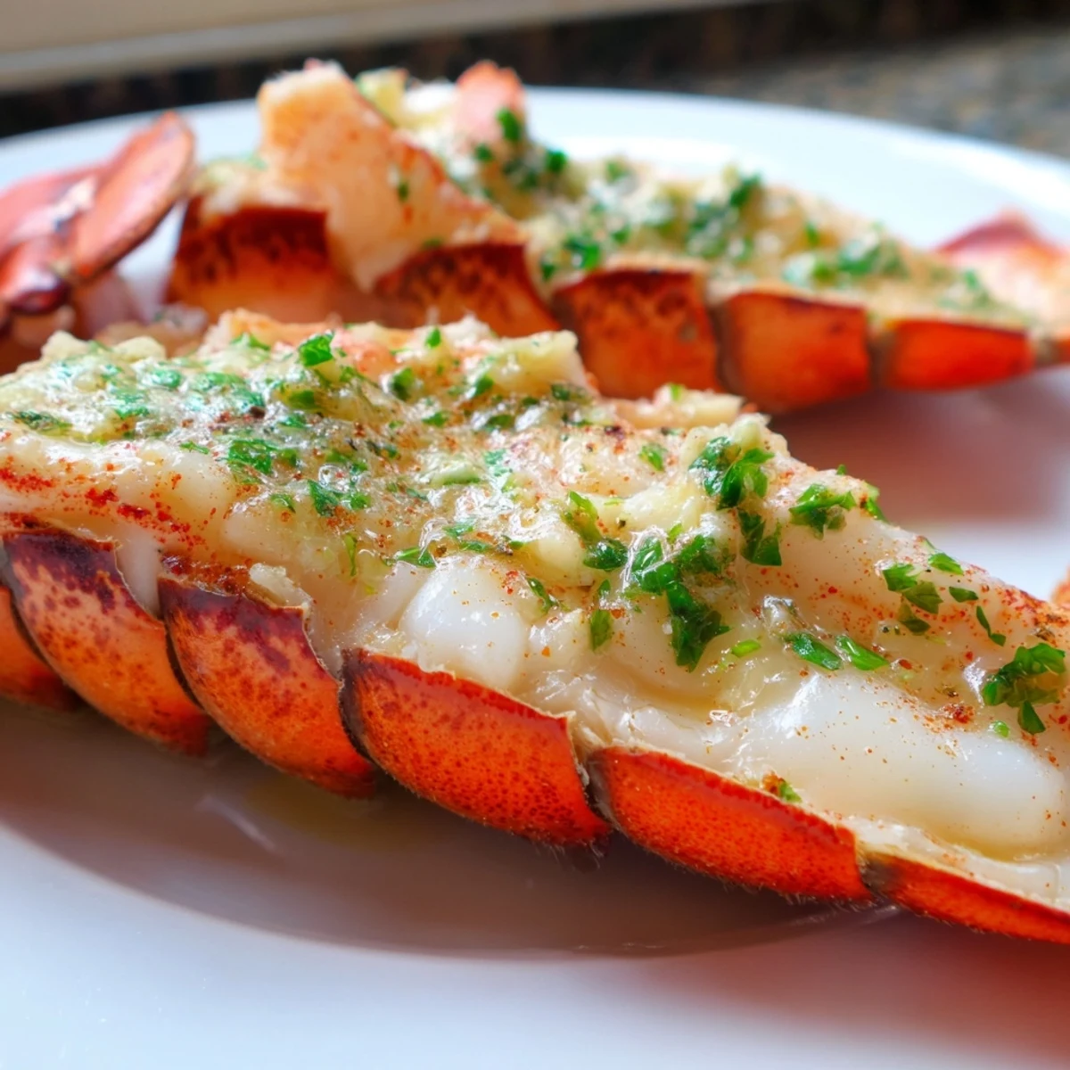 Golden brown Garlic Butter Lobster Tails with Lemon resting on a baking sheet with fresh parsley garnish.