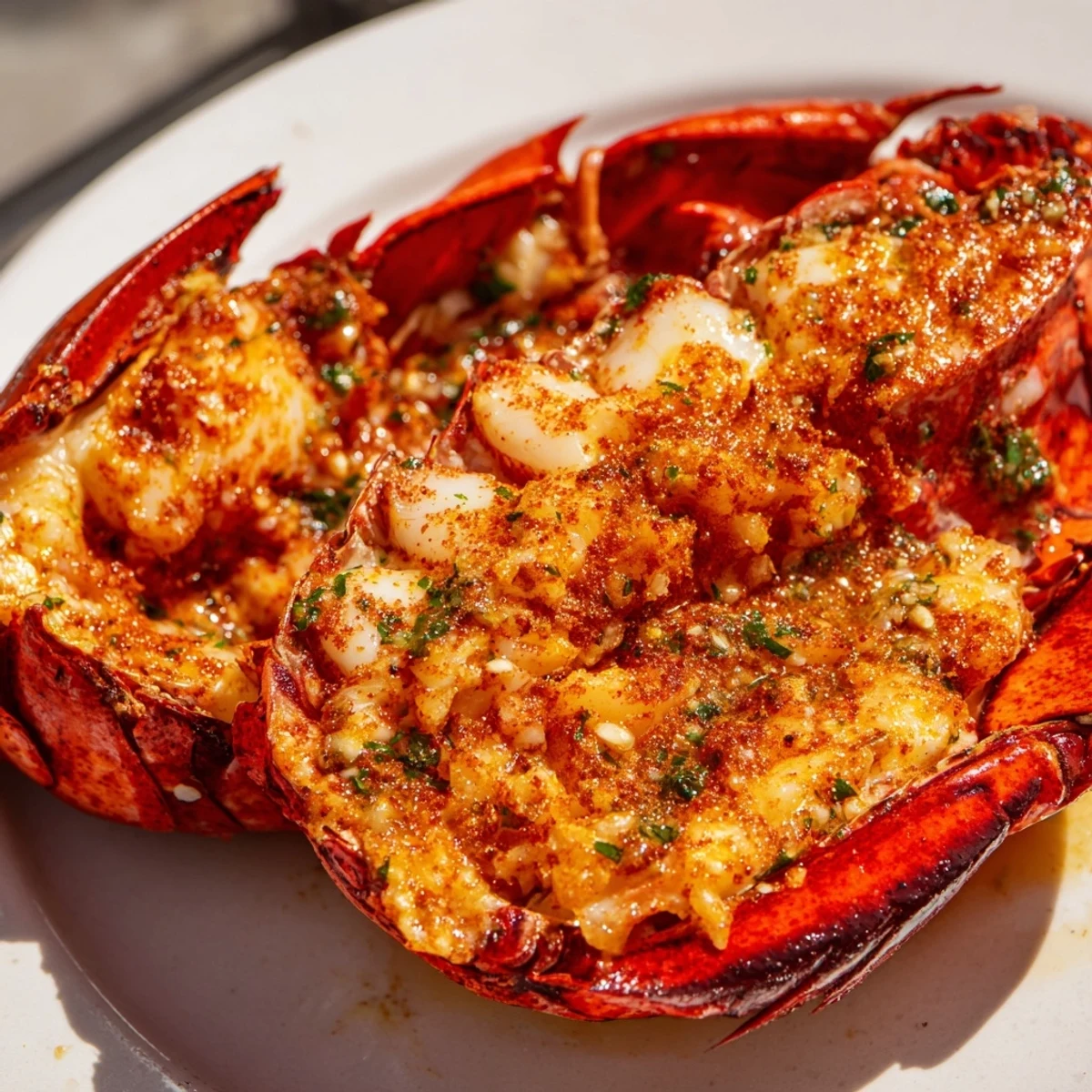Close-up of tender Garlic Butter Lobster Tails with Lemon glistening with melted butter and lemon zest.