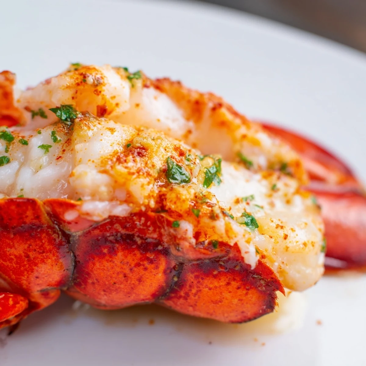 Elegant platter of succulent Garlic Butter Lobster Tails with Lemon served with lemon wedges.