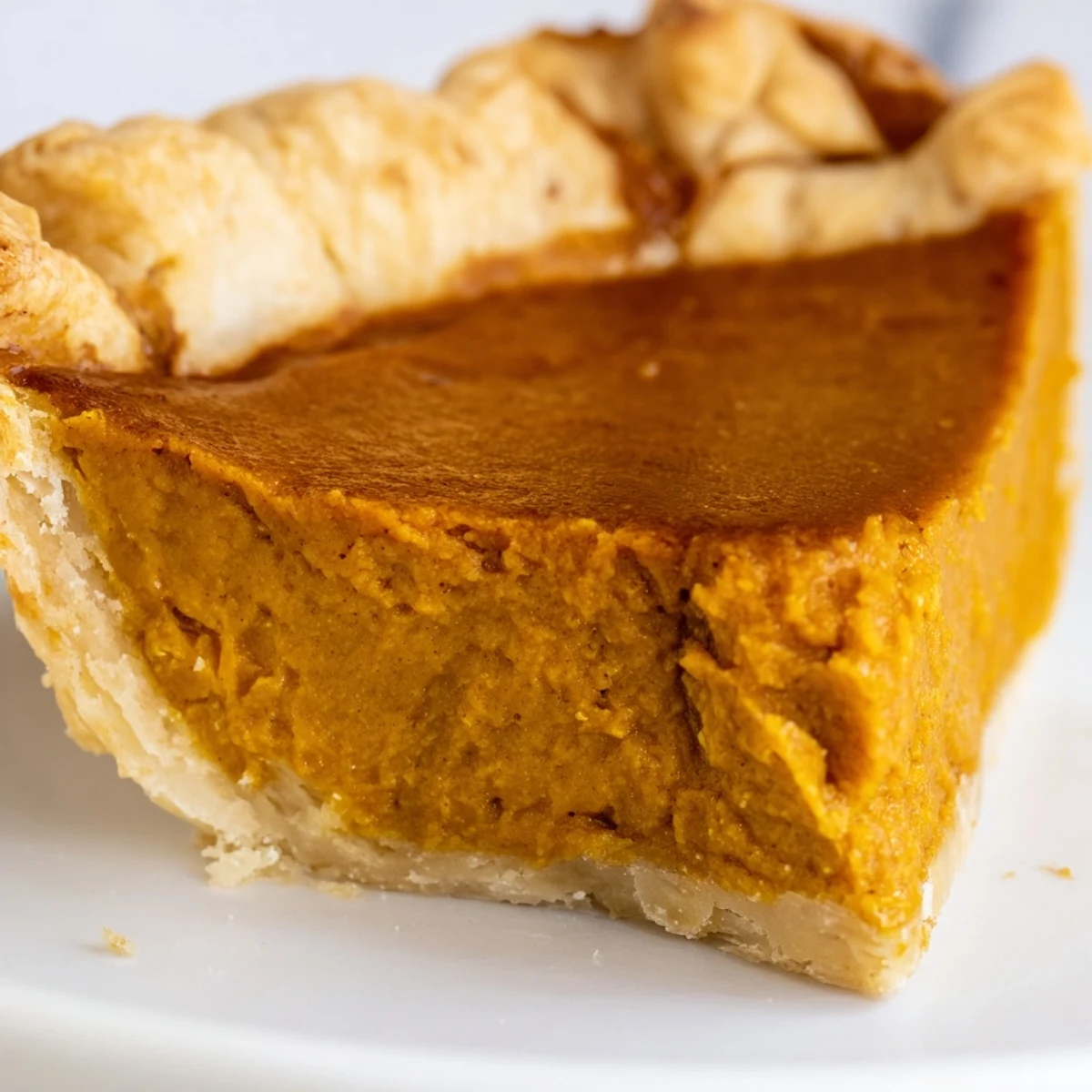Slice of Spiced Pumpkin Pie on a plate, revealing creamy, warmly spiced pumpkin filling and tender crust.