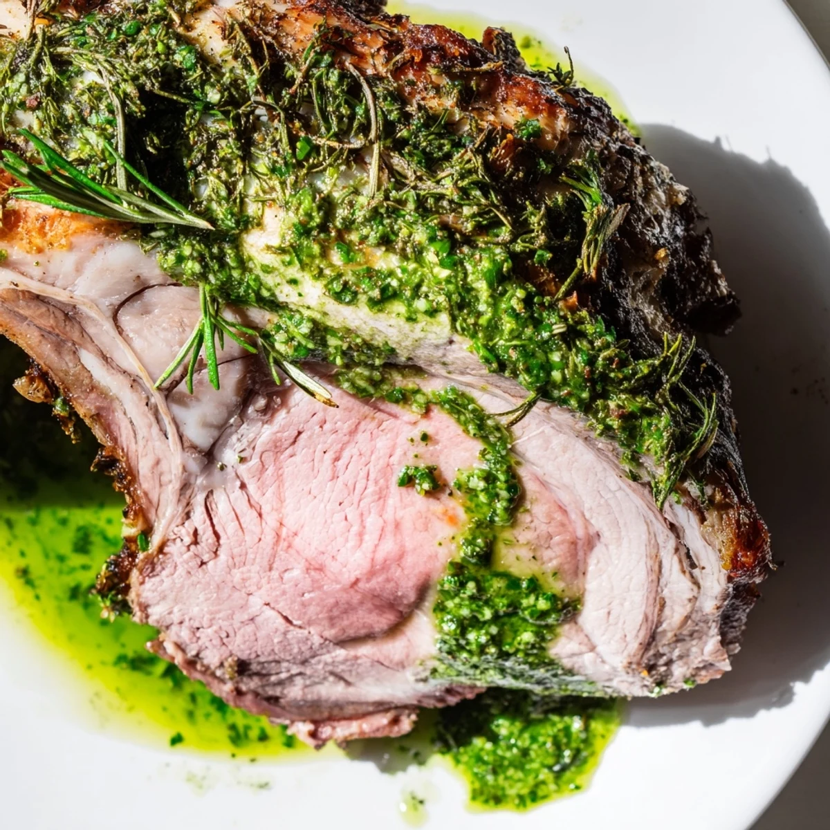 A glistening, bone-in leg of lamb, perfectly roasted to a deep golden-brown, rests on a cutting board, ready to be carved. A vibrant, emerald-green mint sauce in a small bowl sits beside it, garnishing the scene.