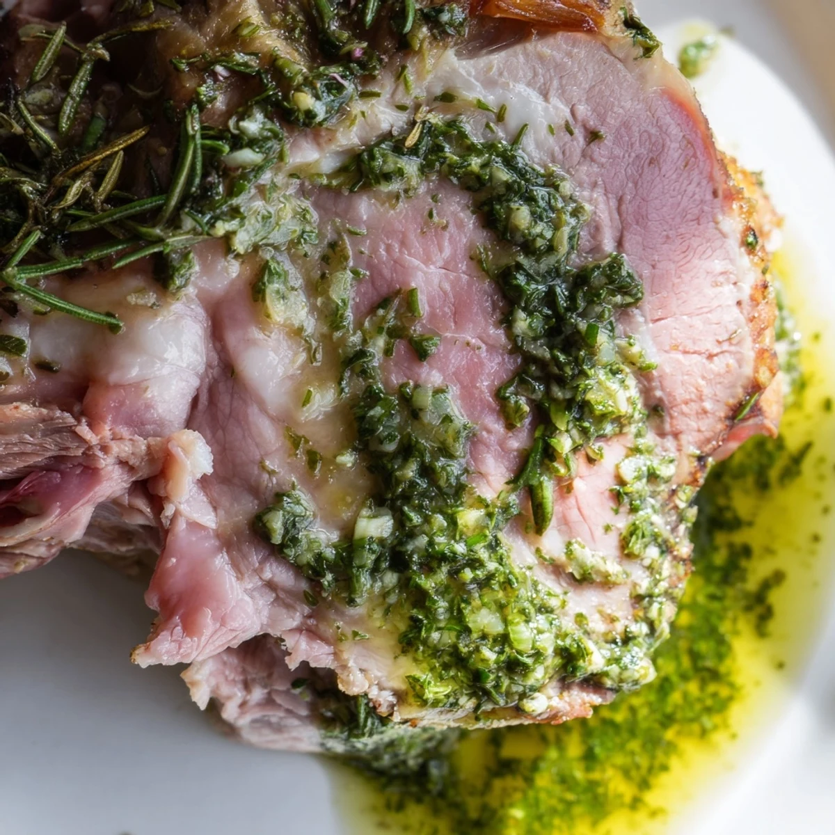 A golden-brown, herb-crusted leg of lamb is presented on a rustic wooden board, with a glossy, deep-brown crust showing hints of rosemary and thyme. A small, vibrant green mint sauce in a porcelain bowl is placed nearby, with fresh mint leaves scattered around the lamb. The lighting highlights the juicy texture and savory exterior, evoking a sense of warmth and a classic British meal.