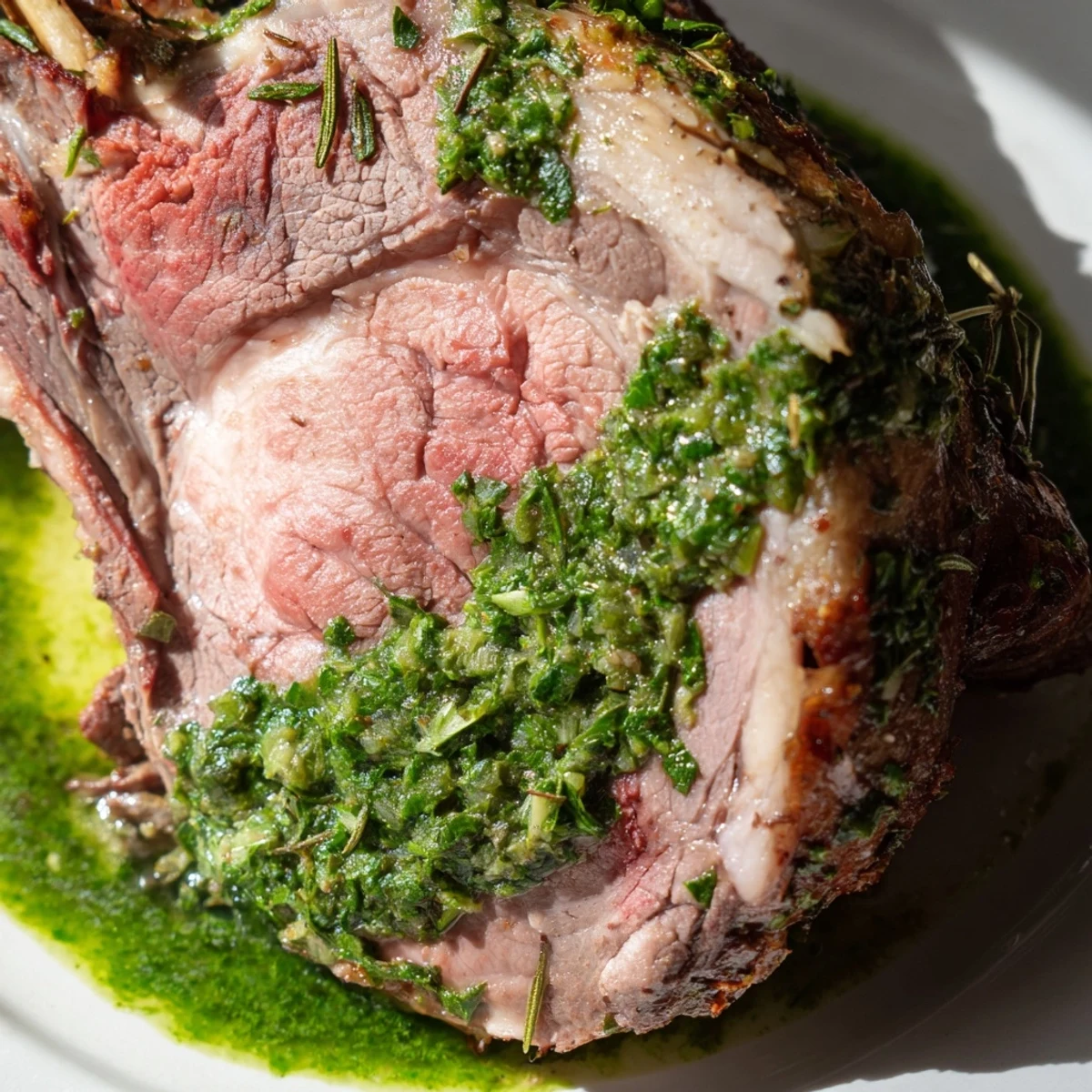 Roasted leg of lamb with a side of fresh mint sauce for a Sunday roast.