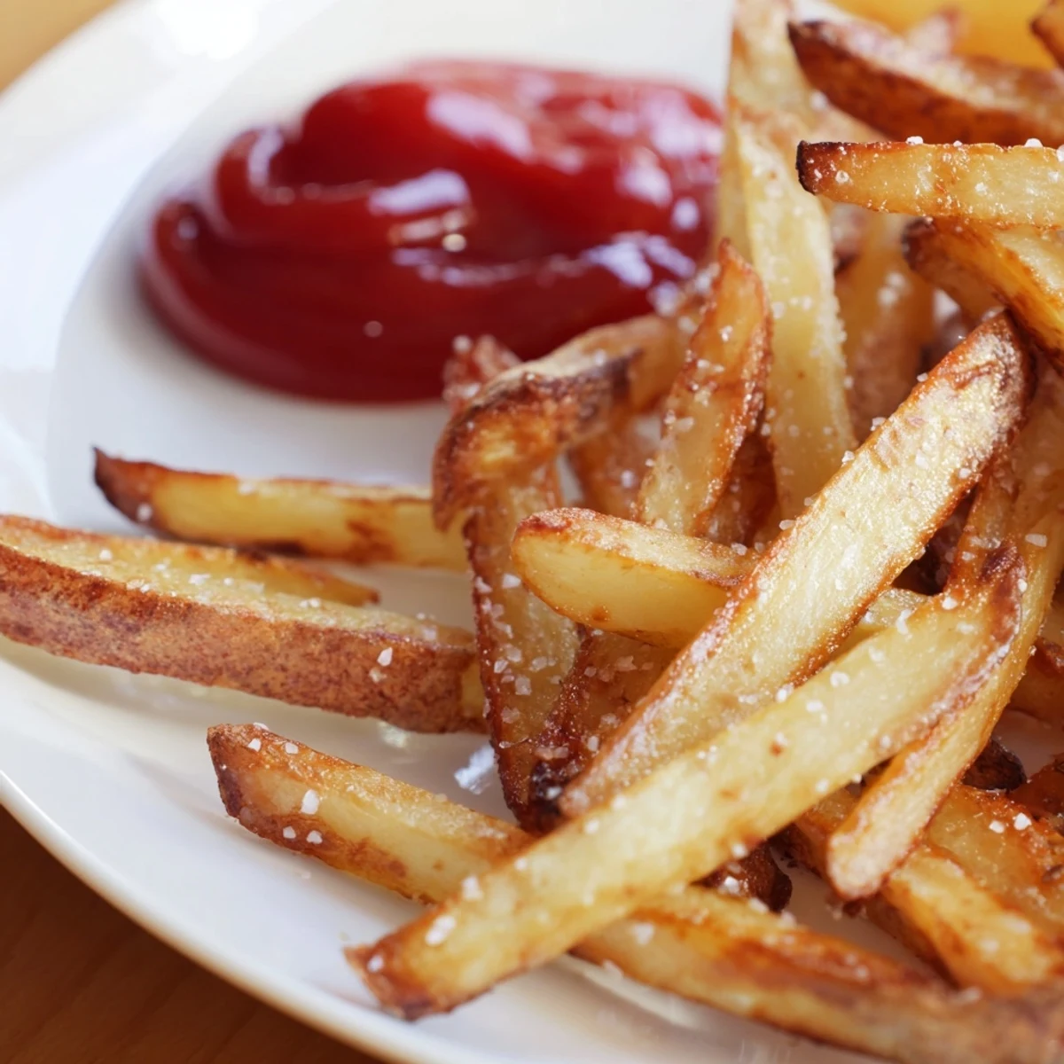 Golden, perfectly crisp Crispy Fries with Ketchup served hot on a rustic plate.