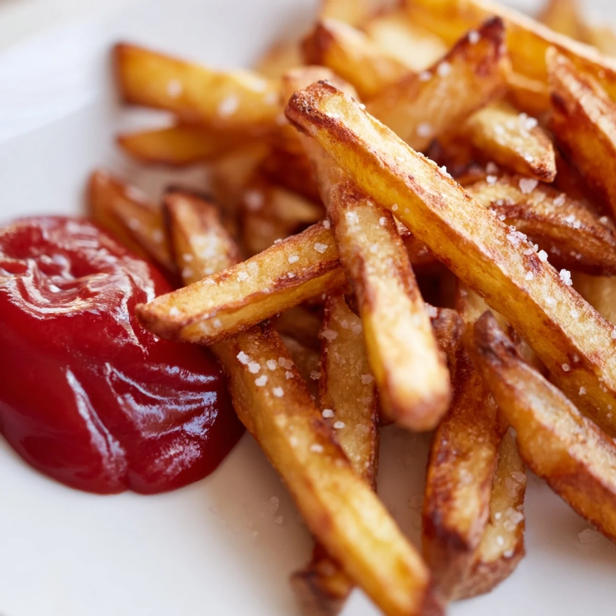Stack of homemade Crispy Fries with Ketchup ready for dipping and snacking.