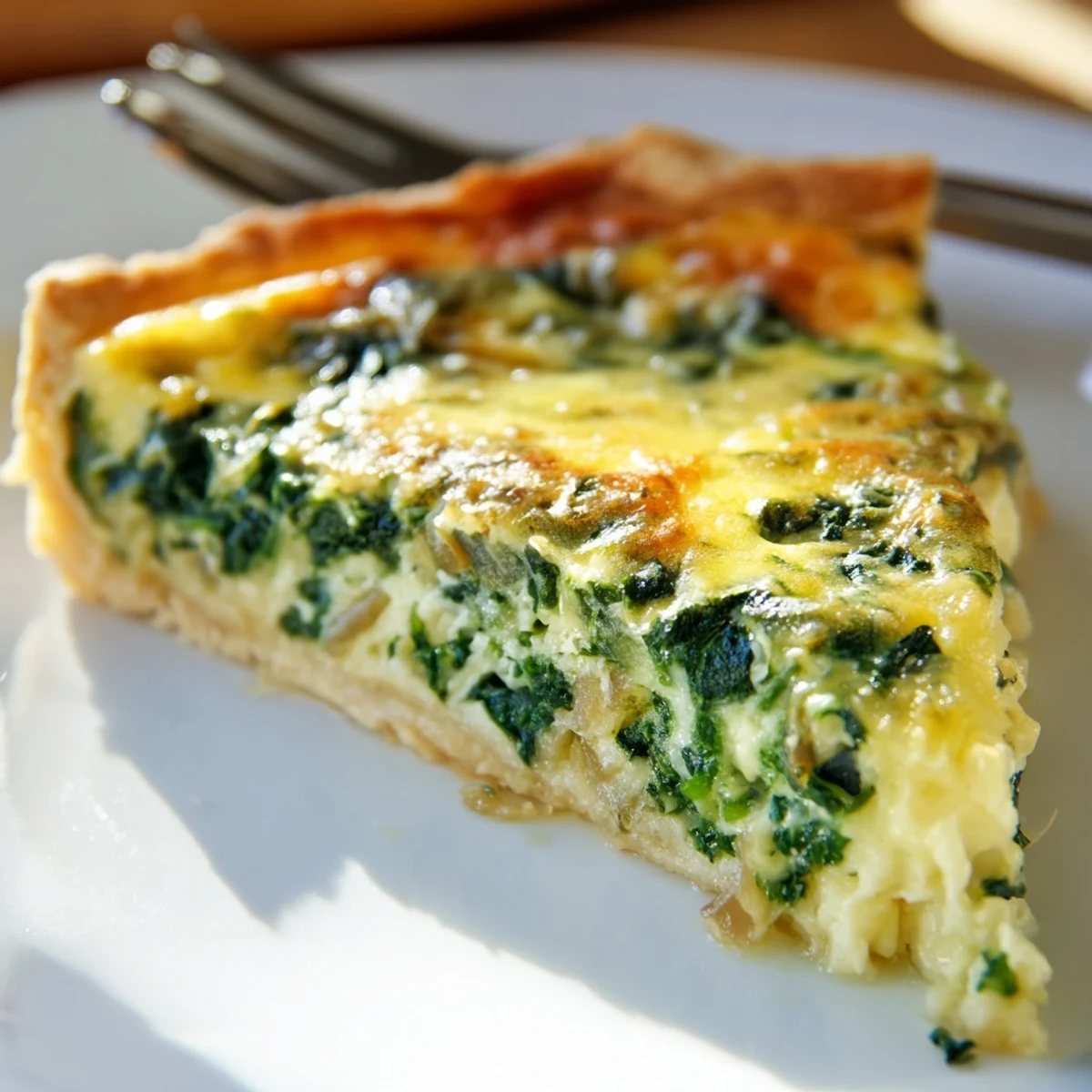 Golden-brown savory quiche with spinach and Gruyère in a flaky crust.