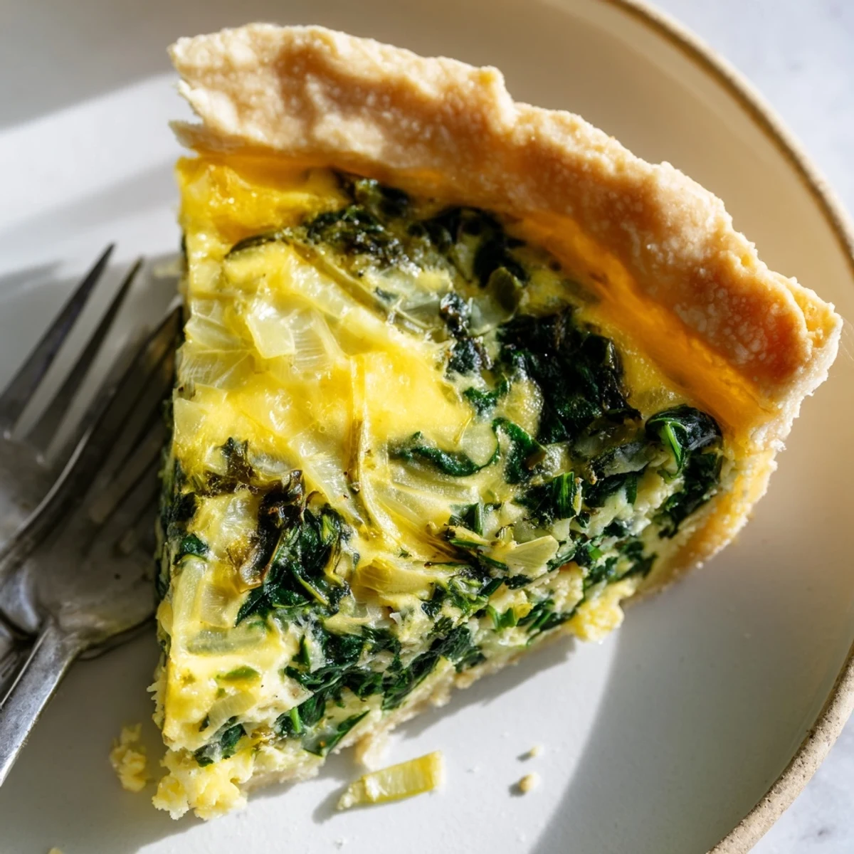 A freshly baked quiche with spinach and melted cheese on top.