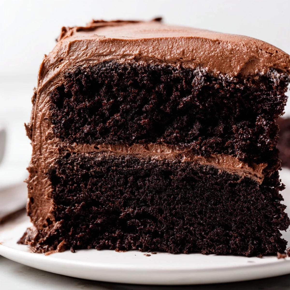 Richly frosted chocolate cake layers with a creamy chocolate frosting on a white plate