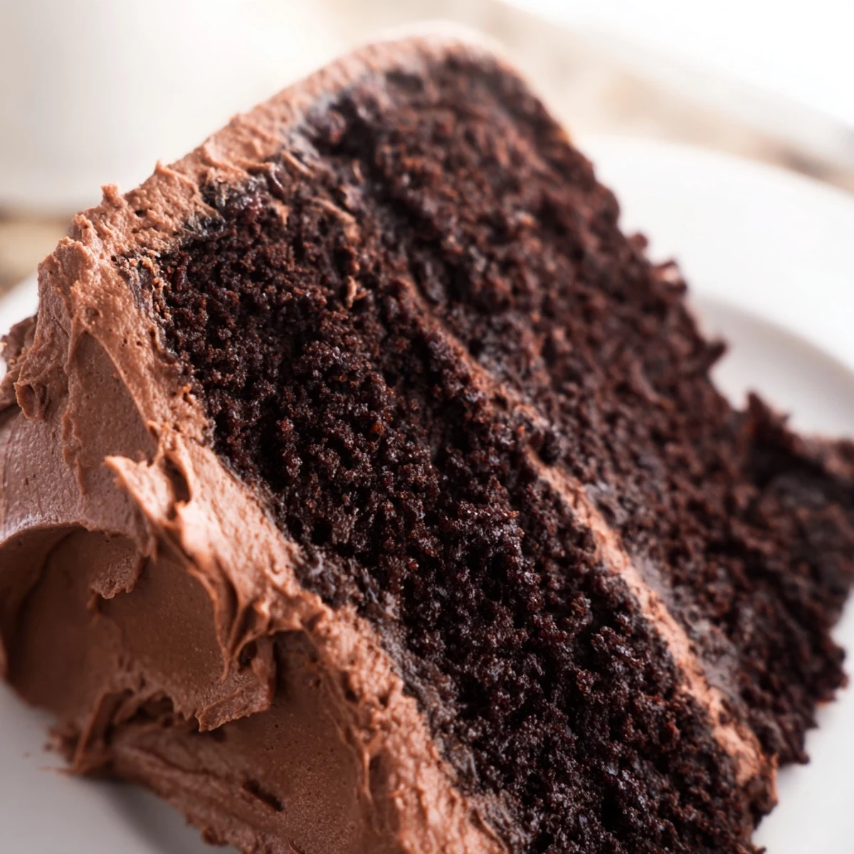 A thick slice of moist chocolate cake with smooth frosting, cut and ready to serve