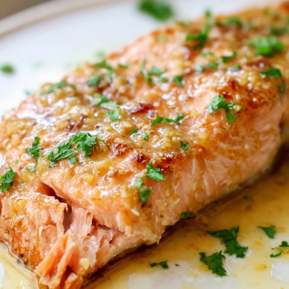 A close-up of Baked Salmon with Honey Mustard on a baking sheet, highlighting the golden, bubbling glaze and tender flakes.