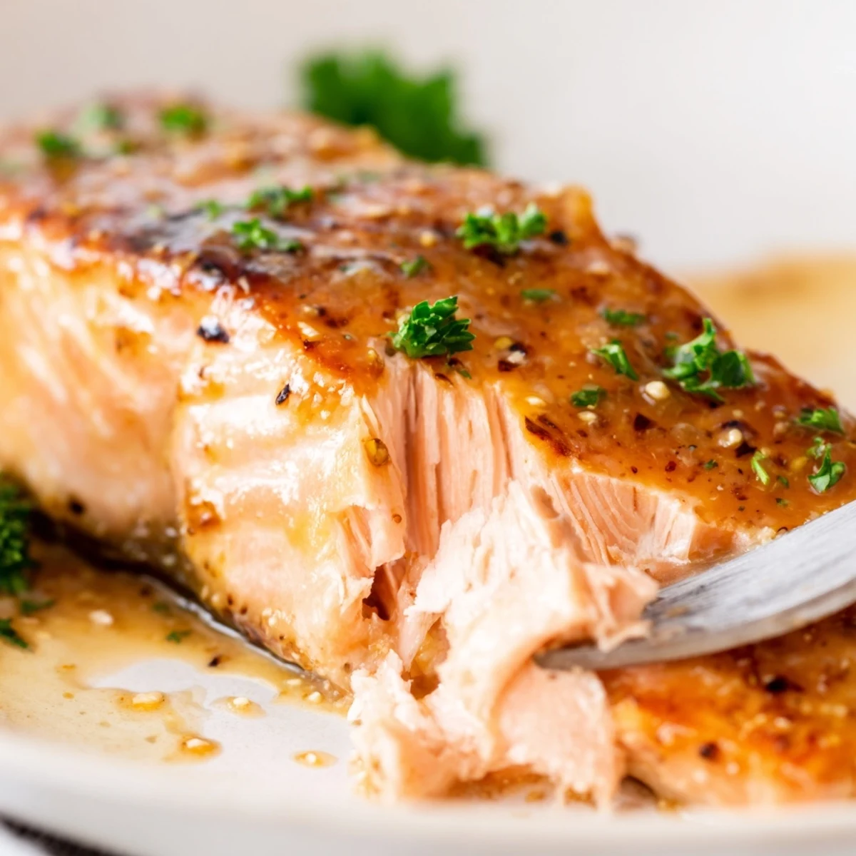 Freshly baked Baked Salmon with Honey Mustard fillets with a glossy glaze, ready to serve with lemon wedges and dill.